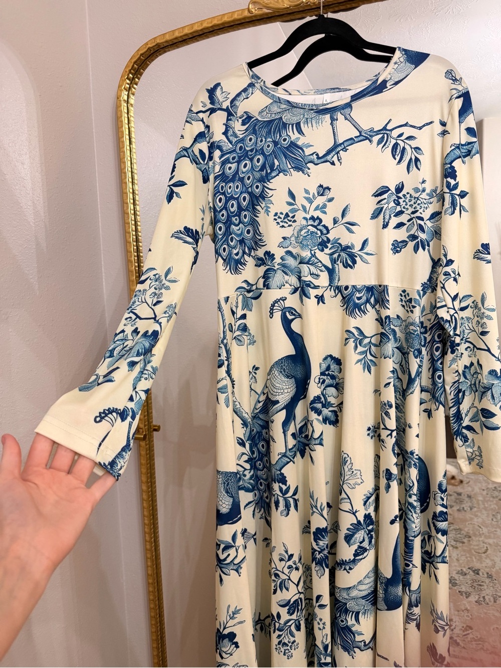 SHEIN Cream Maxi Dress with Blue Peony & Peacock Print - Picture 2 of 5